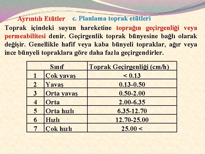 Ayrıntılı Etütler c. Planlama toprak etütleri Toprak içindeki suyun hareketine toprağın geçirgenliği veya permeabilitesi