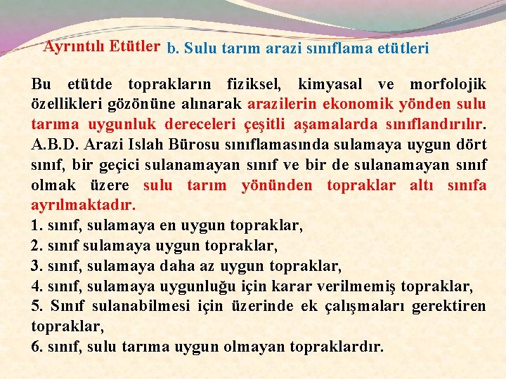 Ayrıntılı Etütler b. Sulu tarım arazi sınıflama etütleri Bu etütde toprakların fiziksel, kimyasal ve