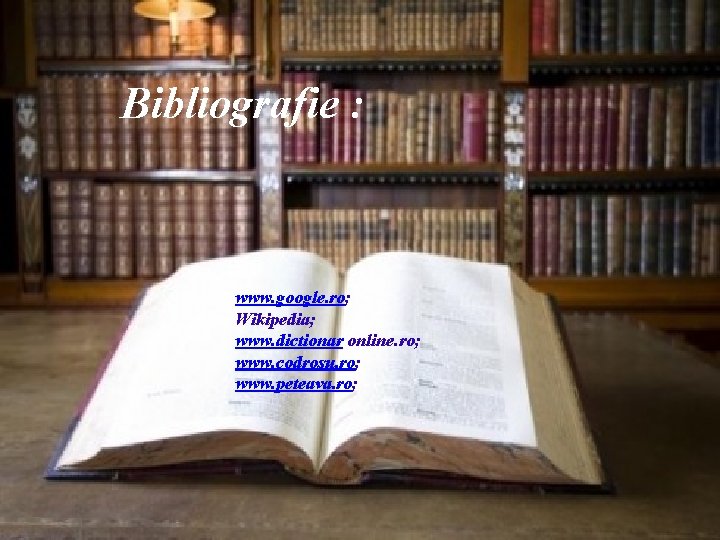 Bibliografie : www. google. ro; Wikipedia; www. dictionar online. ro; www. codrosu. ro; www.