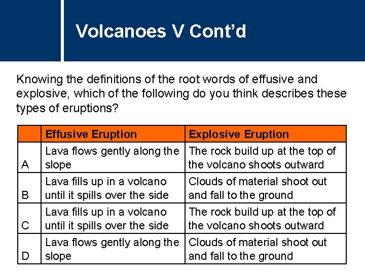 Volcanoes V Cont’d Knowing the definitions of the root words of effusive and explosive,