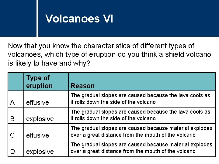 Volcanoes VI Now that you know the characteristics of different types of volcanoes, which