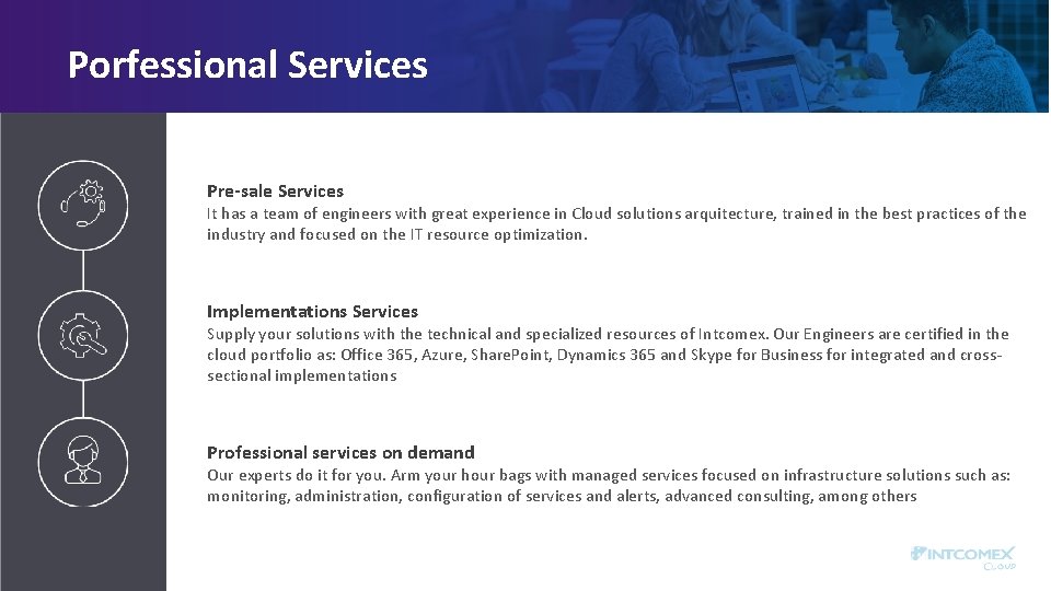 Porfessional Services Pre-sale Services It has a team of engineers with great experience in