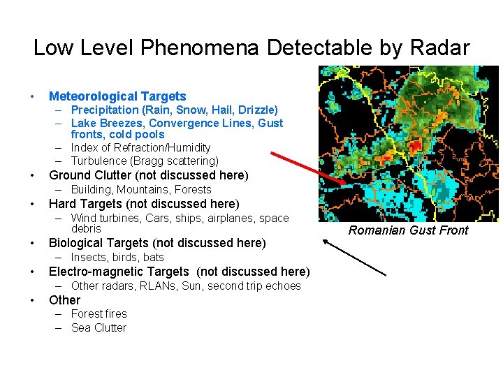 Low Level Phenomena Detectable by Radar • Meteorological Targets – Precipitation (Rain, Snow, Hail,