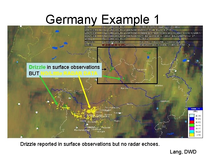 Germany Example 1 Drizzle in surface observations BUT NO/Little RADAR DATA Drizzle reported in