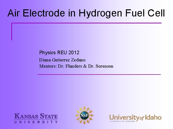 Air Electrode in Hydrogen Fuel Cell Physics REU 2012 Diana Gutierrez Zedano Mentors: Dr.