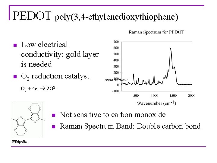PEDOT poly(3, 4 -ethylenedioxythiophene) n n Low electrical conductivity: gold layer is needed O
