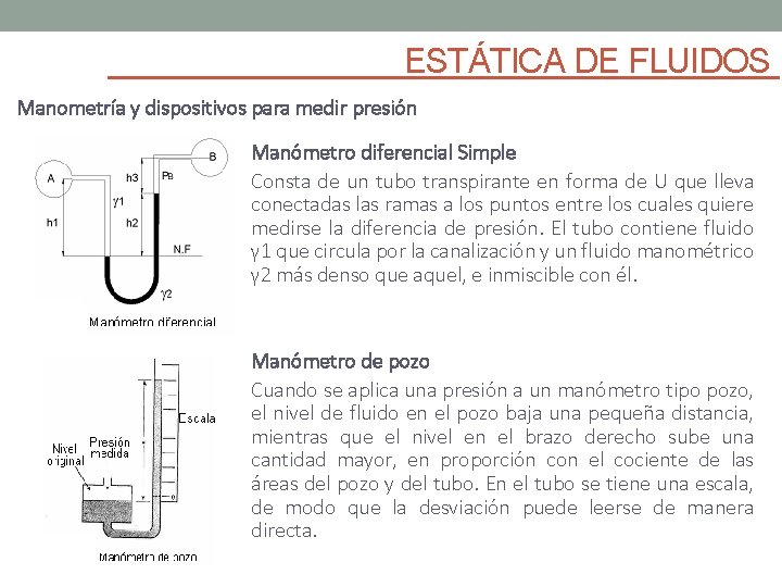 ESTÁTICA DE FLUIDOS Manometría y dispositivos para medir presión Manómetro diferencial Simple Consta de