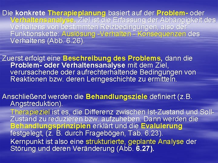 Die konkrete Therapieplanung basiert auf der Problem- oder Verhaltensanalyse. Ziel ist die Erfassung der