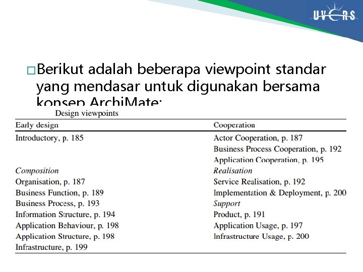 � Berikut adalah beberapa viewpoint standar yang mendasar untuk digunakan bersama konsep Archi. Mate: