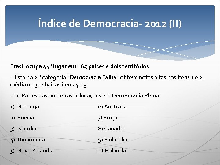 Índice de Democracia- 2012 (II) Brasil ocupa 44° lugar em 165 países e dois