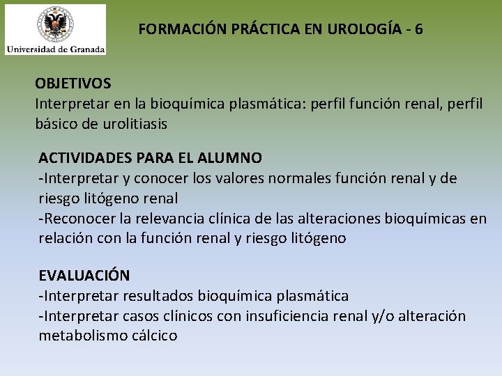 FORMACIÓN PRÁCTICA EN UROLOGÍA - 6 OBJETIVOS Interpretar en la bioquímica plasmática: perfil función