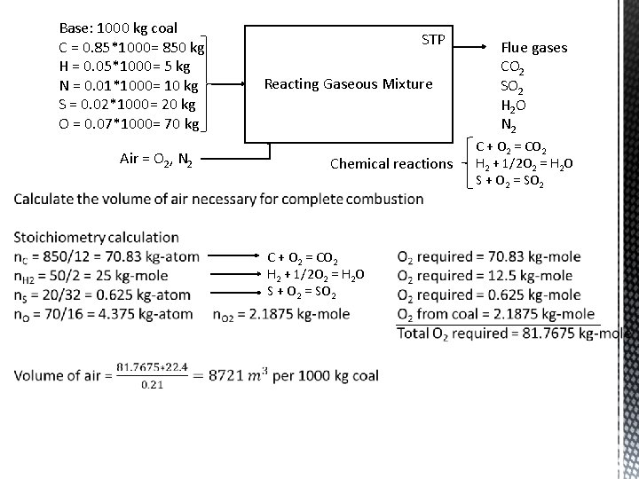  Base: 1000 kg coal C = 0. 85*1000= 850 kg H = 0.