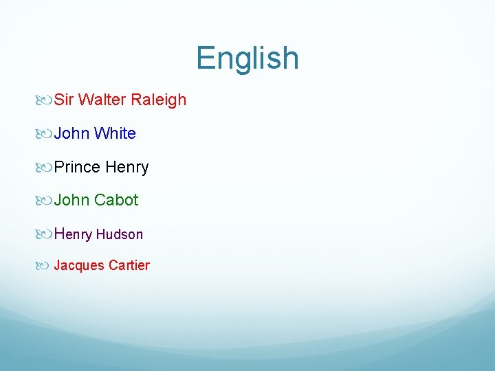 English Sir Walter Raleigh John White Prince Henry John Cabot Henry Hudson Jacques Cartier