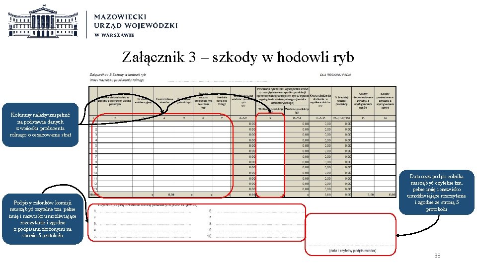 Załącznik 3 – szkody w hodowli ryb Kolumny należy uzupełnić na podstawie danych z