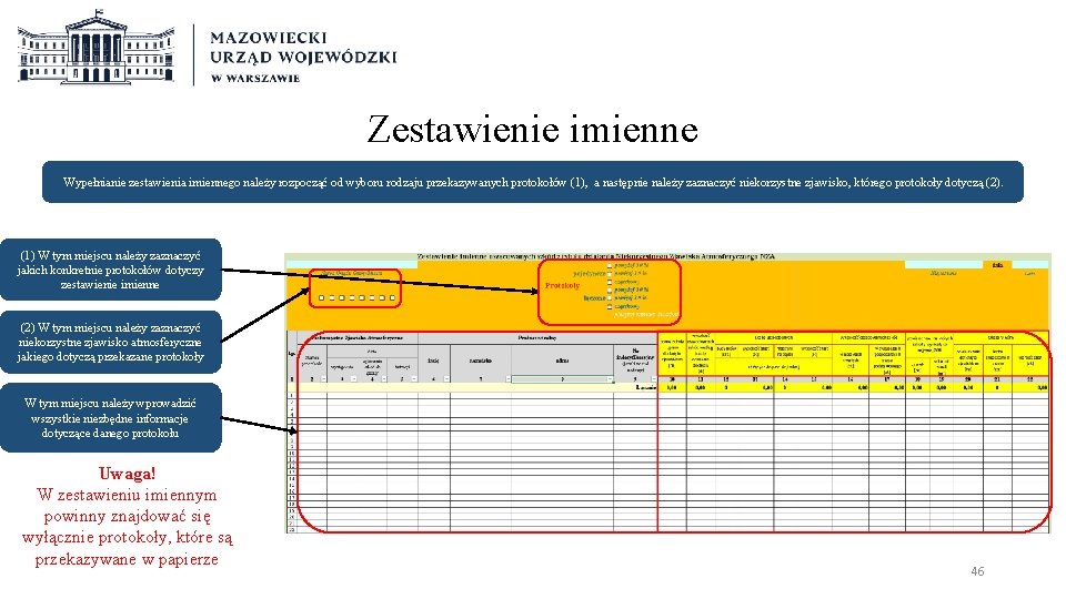 Zestawienie imienne Wypełnianie zestawienia imiennego należy rozpocząć od wyboru rodzaju przekazywanych protokołów (1), a