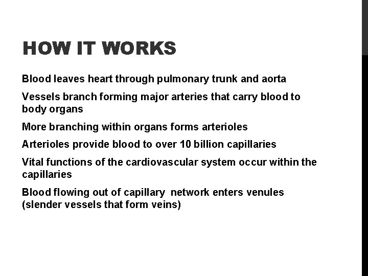 HOW IT WORKS Blood leaves heart through pulmonary trunk and aorta Vessels branch forming