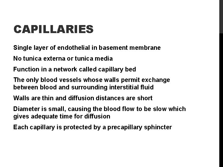 CAPILLARIES Single layer of endothelial in basement membrane No tunica externa or tunica media