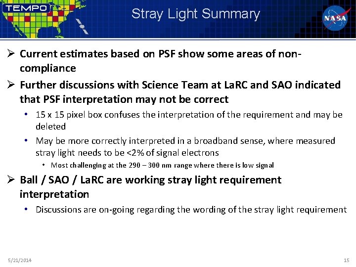 Stray Light Summary Ø Current estimates based on PSF show some areas of noncompliance