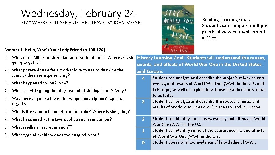 Wednesday, February 24 Reading Learning Goal: Students can compare multiple points of view on