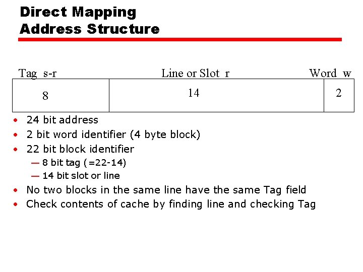 Direct Mapping Address Structure Tag s-r 8 Line or Slot r Word w 14