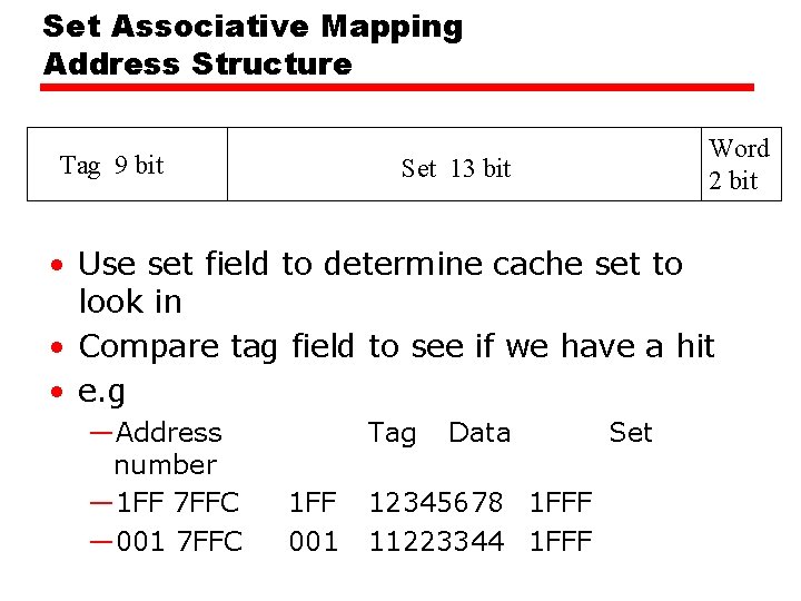 Set Associative Mapping Address Structure Tag 9 bit Word 2 bit Set 13 bit Set Associative Mapping Address Structure Tag 9 bit Word 2 bit Set 13 bit