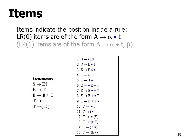 Items indicate the position inside a rule: LR(0) items are of the form A