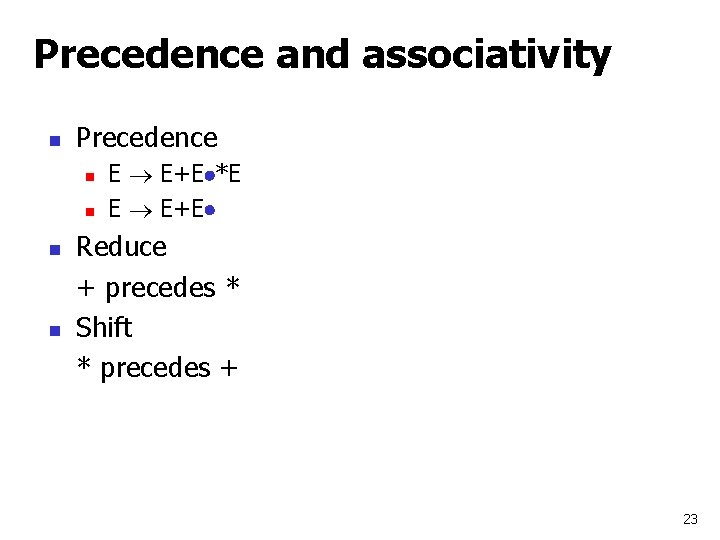 Precedence and associativity n Precedence n n E E+E *E E E+E Reduce +