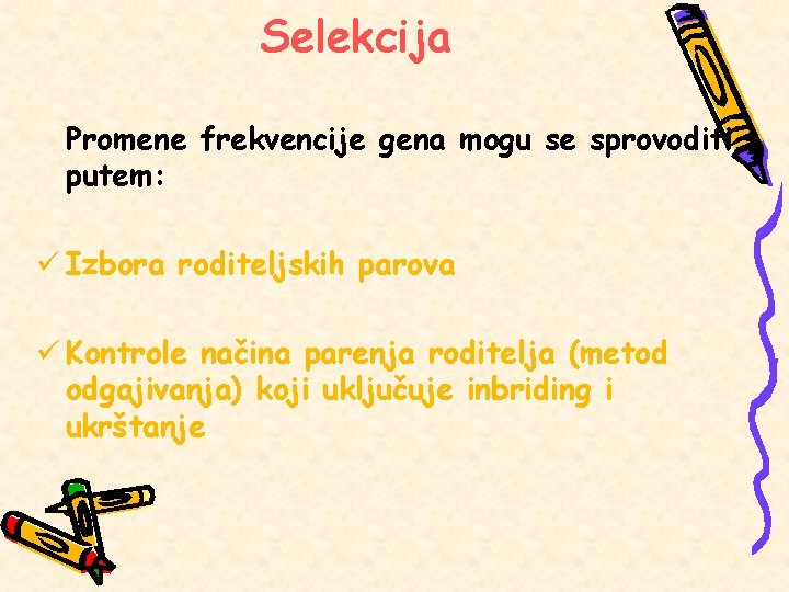 Selekcija Promene frekvencije gena mogu se sprovoditi putem: ü Izbora roditeljskih parova ü Kontrole