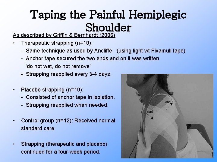 Taping the Painful Hemiplegic Shoulder As described by Griffin & Bernhardt (2006) • Therapeutic