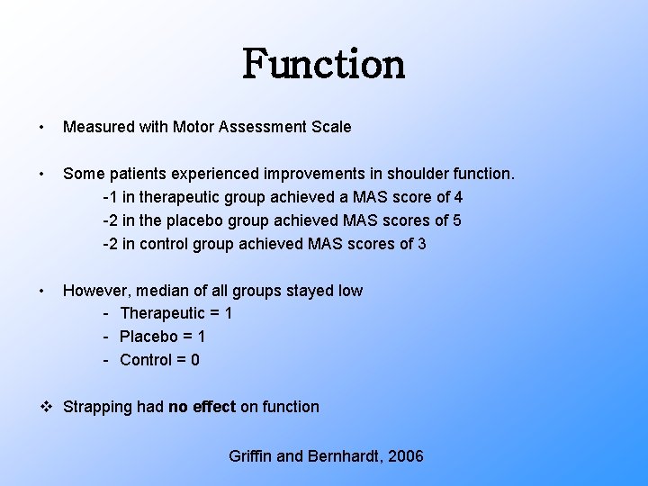 Function • Measured with Motor Assessment Scale • Some patients experienced improvements in shoulder