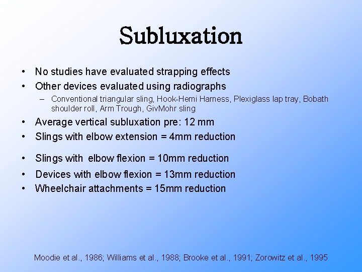 Subluxation • No studies have evaluated strapping effects • Other devices evaluated using radiographs