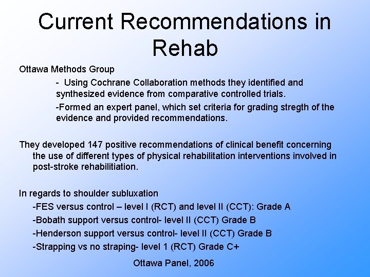 Current Recommendations in Rehab Ottawa Methods Group - Using Cochrane Collaboration methods they identified