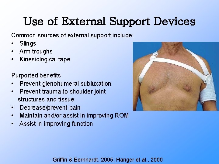 Use of External Support Devices Common sources of external support include: • Slings •
