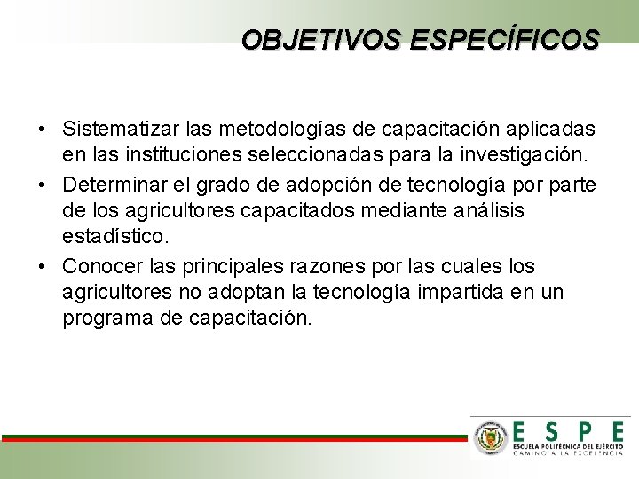 OBJETIVOS ESPECÍFICOS • Sistematizar las metodologías de capacitación aplicadas en las instituciones seleccionadas para