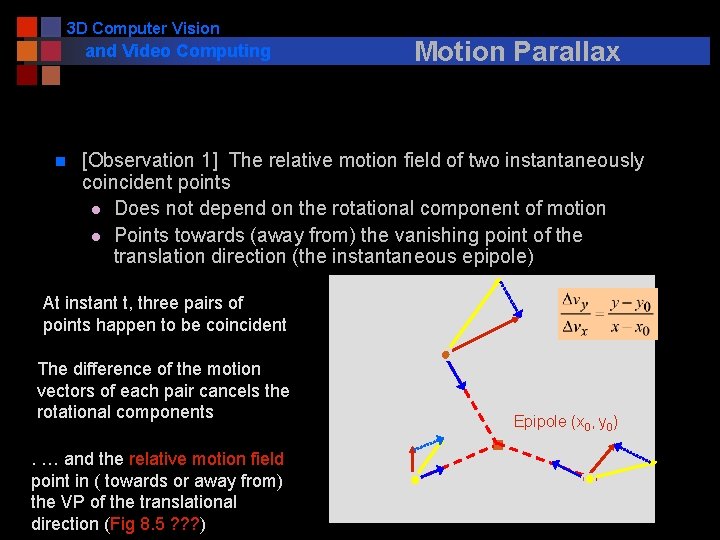 3 D Computer Vision and Video Computing n Motion Parallax [Observation 1] The relative