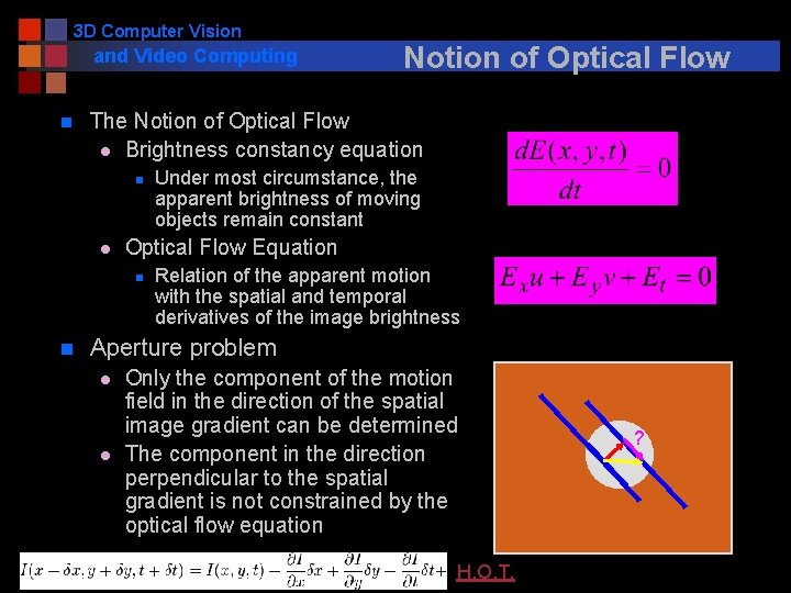 3 D Computer Vision and Video Computing n The Notion of Optical Flow l