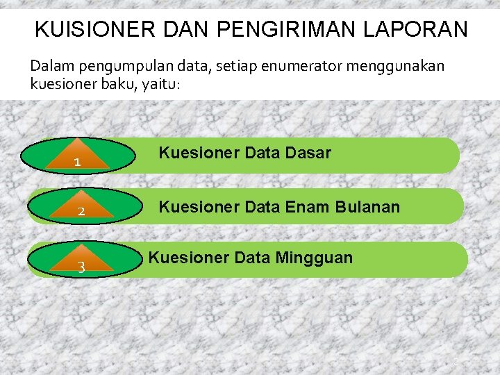 KUISIONER DAN PENGIRIMAN LAPORAN Dalam pengumpulan data, setiap enumerator menggunakan kuesioner baku, yaitu: 1