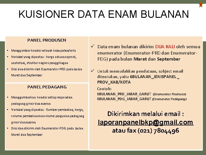 KUISIONER DATA ENAM BULANAN PANEL PRODUSEN • Menggambar kondisi wilayah kabupaten/kota • Variabel yang