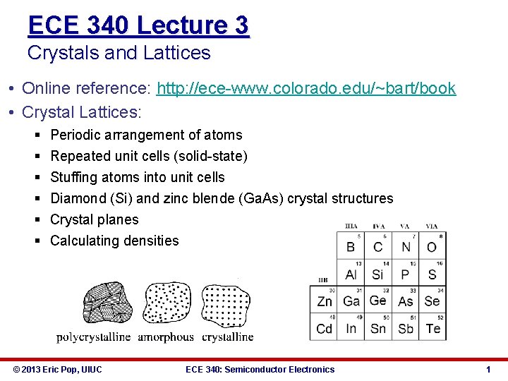 ECE 340 Lecture 3 Crystals and Lattices • Online reference: http: //ece-www. colorado. edu/~bart/book