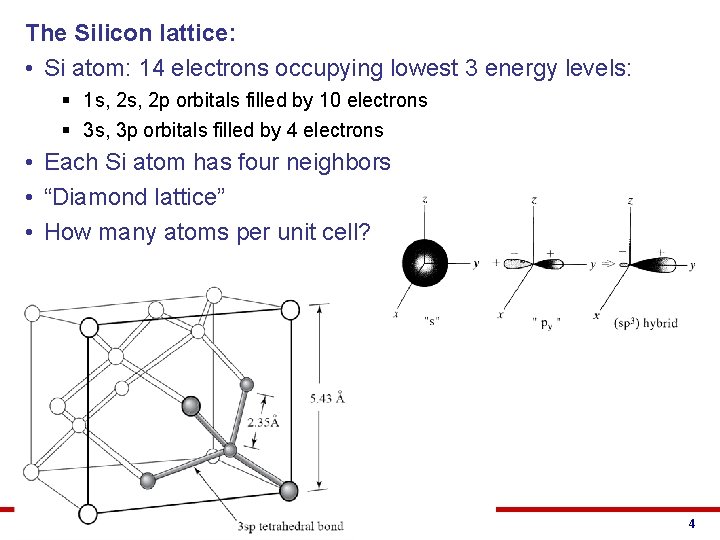 The Silicon lattice: • Si atom: 14 electrons occupying lowest 3 energy levels: §