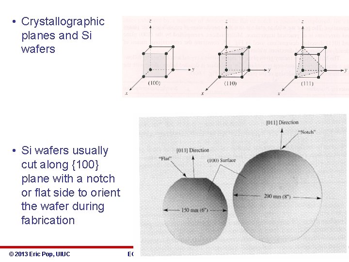  • Crystallographic planes and Si wafers • Si wafers usually cut along {100}