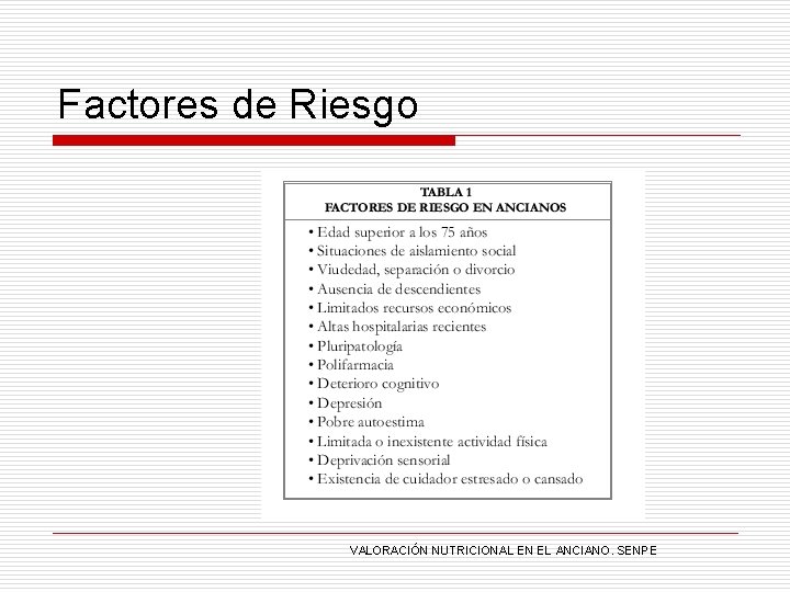 Factores de Riesgo VALORACIÓN NUTRICIONAL EN EL ANCIANO. SENPE 