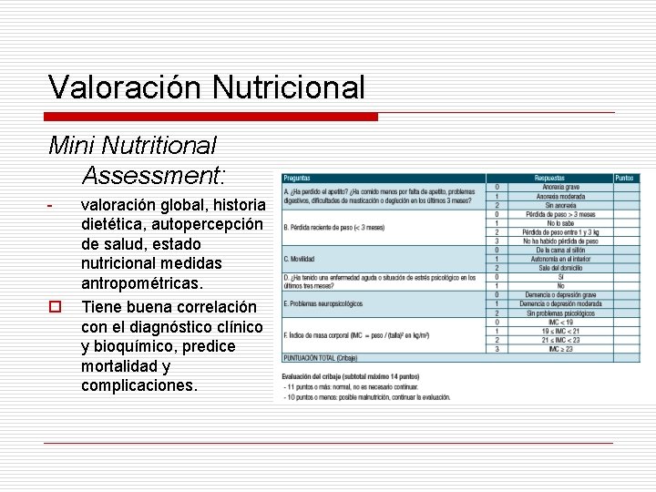 Valoración Nutricional Mini Nutritional Assessment: - o valoración global, historia dietética, autopercepción de salud,