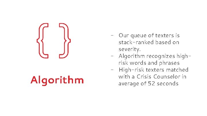 Algorithm - Our queue of texters is stack-ranked based on severity. - Algorithm recognizes