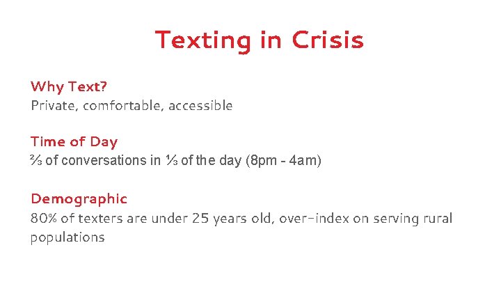 Texting in Crisis Why Text? Private, comfortable, accessible Time of Day ⅔ of conversations