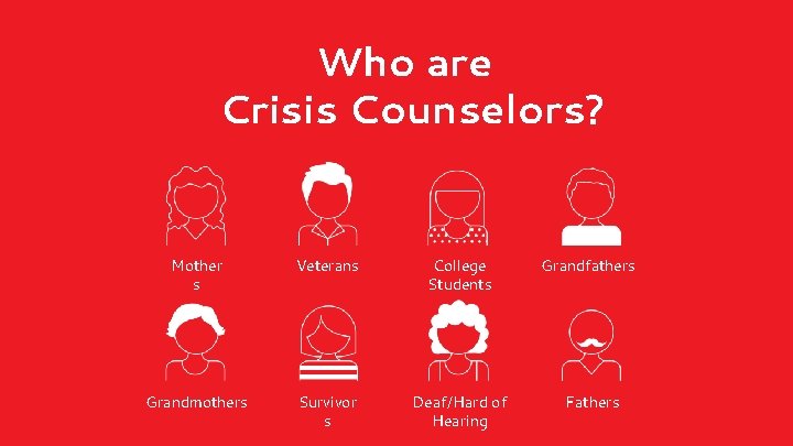 Who are Crisis Counselors? Mother s Veterans College Students Grandfathers Grandmothers Survivor s Deaf/Hard