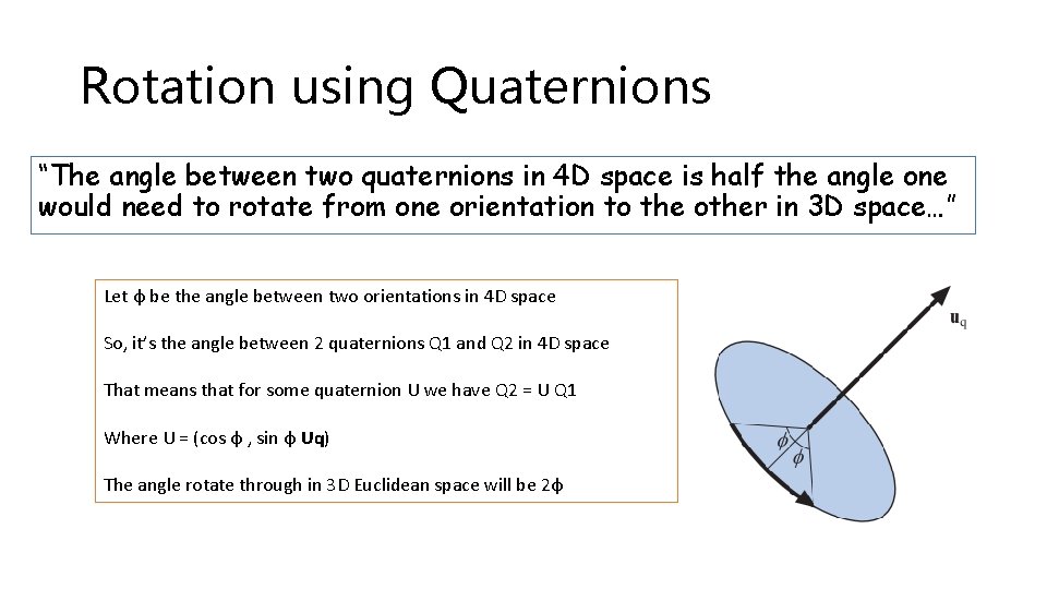 Rotation using Quaternions “The angle between two quaternions in 4 D space is half