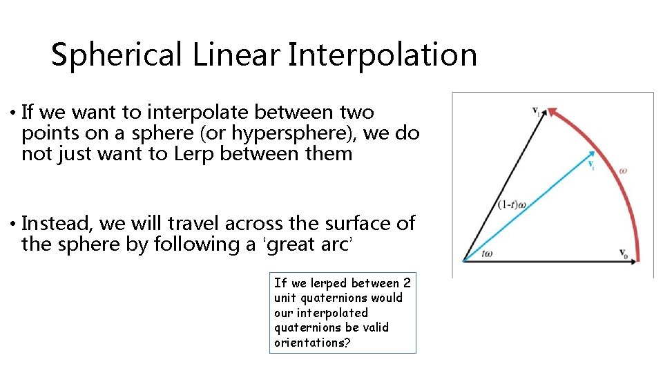 Spherical Linear Interpolation • If we want to interpolate between two points on a