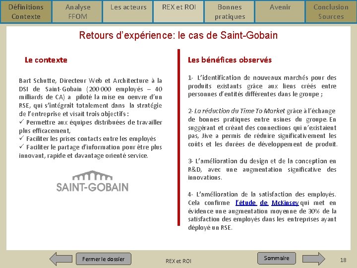 Définitions Contexte Analyse FFOM Les acteurs REX et ROI Bonnes pratiques Avenir Conclusion Sources