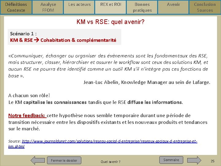 Définitions Contexte Analyse FFOM Les acteurs REX et ROI Bonnes pratiques Avenir Conclusion Sources